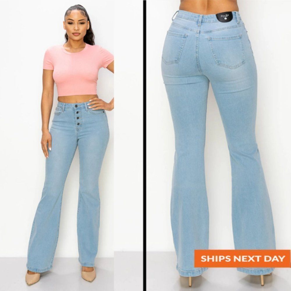 Bell Bottom Button-Down Denim Jeans - Stretch Flare Jeans - Flare Jeans
